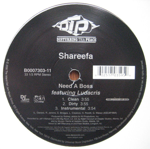 Shareefa, Ludacris - Need A Boss (12", 33 ⅓ RPM, Stereo) (Very Good (VG))