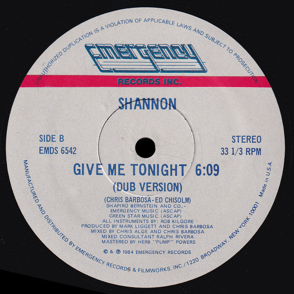 Shannon - Give Me Tonight (12", 33 ⅓ RPM, Stereo) (Very Good Plus (VG+))