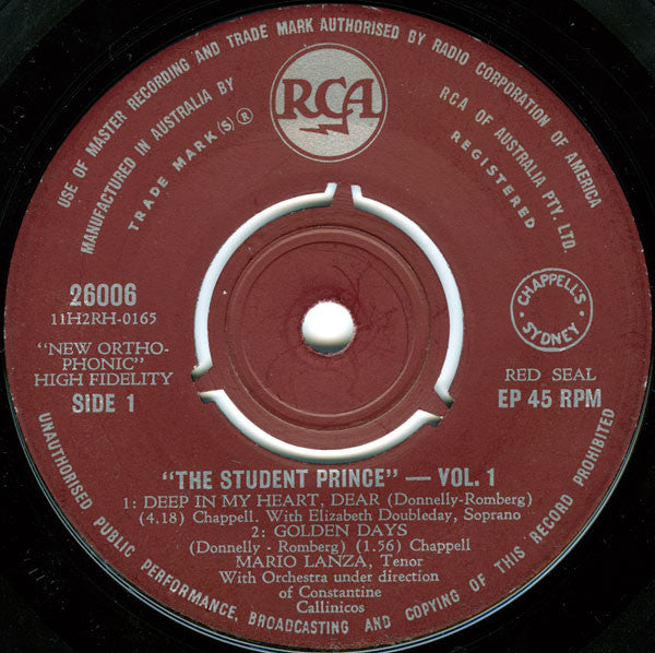 Mario Lanza - The Student Prince Volume. 1 (7", 45 RPM, EP) (Very Good (VG))