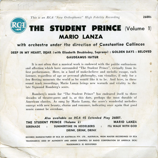 Mario Lanza - The Student Prince Volume. 1 (7", 45 RPM, EP) (Very Good (VG))