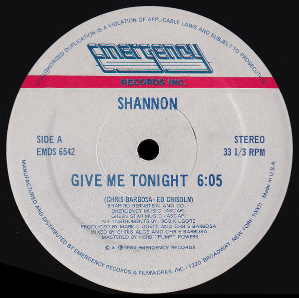 Shannon - Give Me Tonight (12", 33 ⅓ RPM, Stereo) (Very Good Plus (VG+))