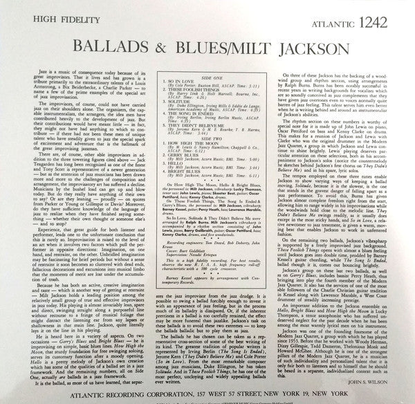 Milt Jackson : Ballads & Blues (LP, Album, Mono, RE, RM, 180)