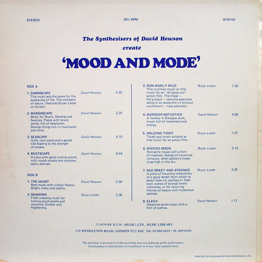 David Hewson : The Synthesisers Of David Hewson Create 'Mood And Mode' (LP, Album)